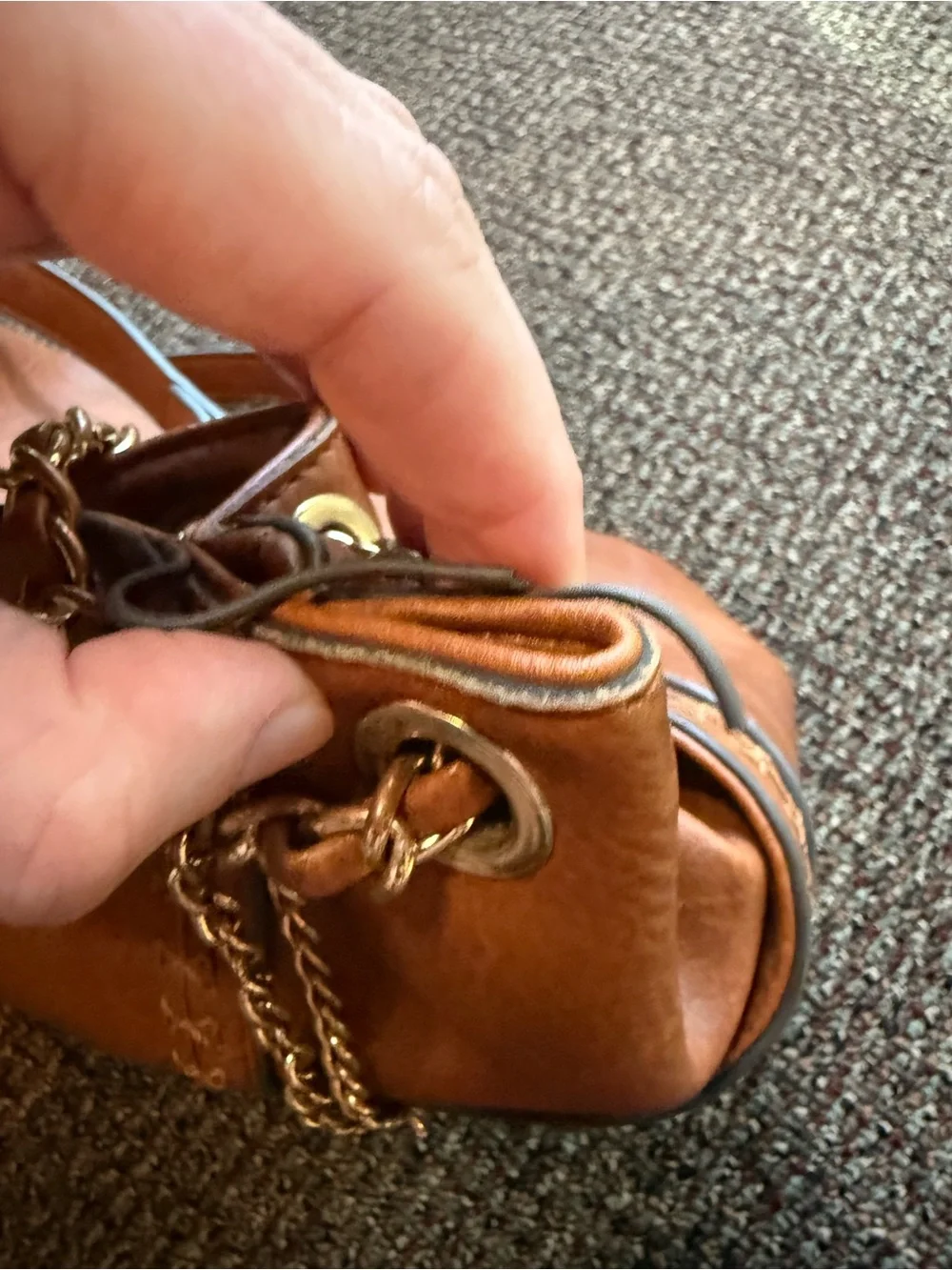 Leather Chain-Accent Shoulder Bag in Cognac